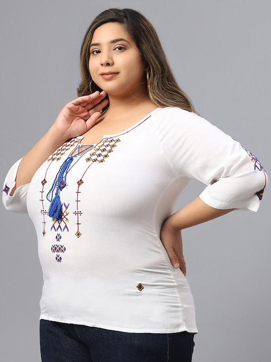 Plus Size Geometric Embroidered Tie-Up Neck Cotton Top