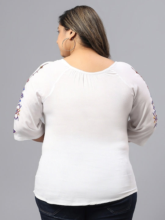 Plus Size Geometric Embroidered Tie-Up Neck Cotton Top