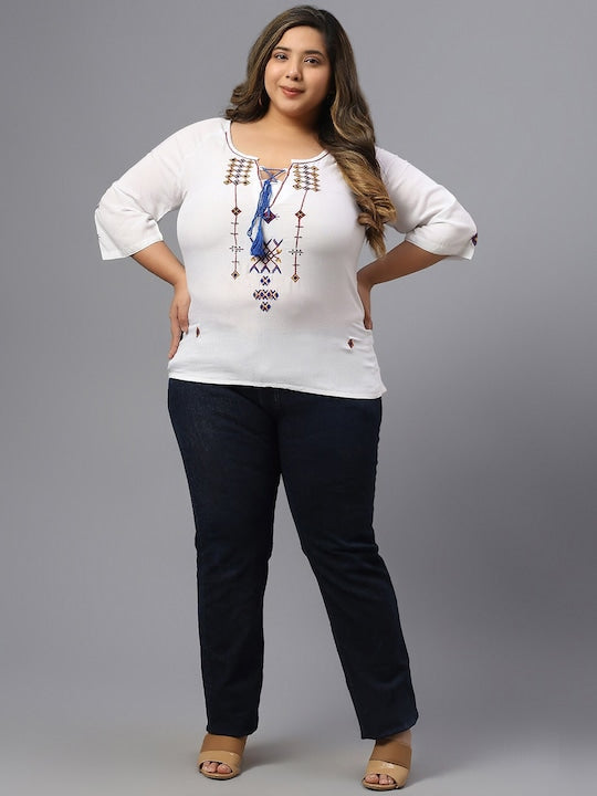 Plus Size Geometric Embroidered Tie-Up Neck Cotton Top