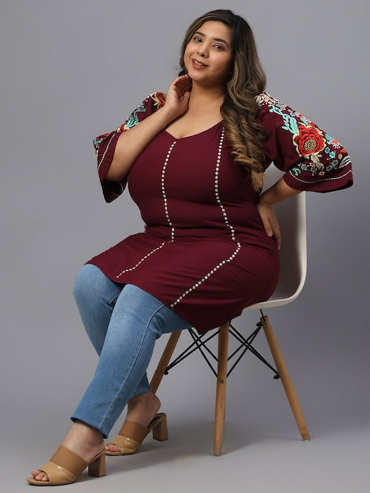 Plus Size Floral Embroidery Cotton Regular Top