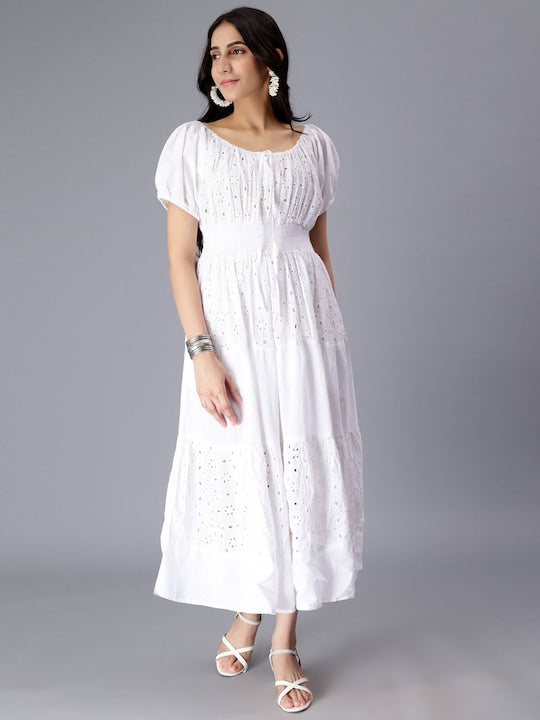 Self Design Puff Sleeves Pure Cotton Tie Up Smocked Schiffli & Tiered Midi Dress