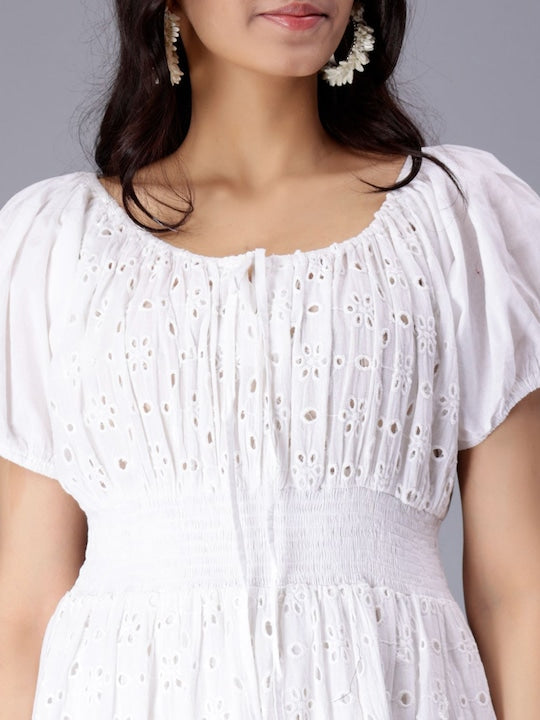 Self Design Puff Sleeves Pure Cotton Tie Up Smocked Schiffli & Tiered Midi Dress