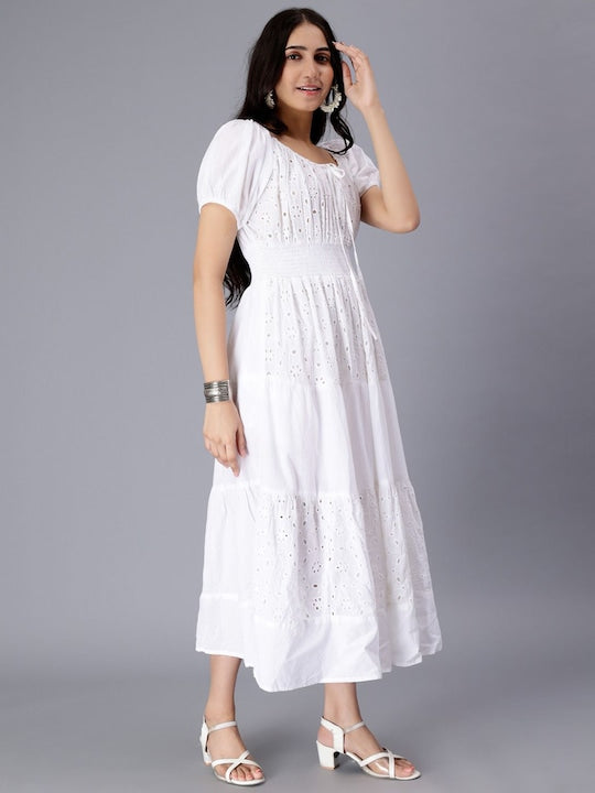 Self Design Puff Sleeves Pure Cotton Tie Up Smocked Schiffli & Tiered Midi Dress