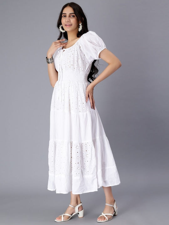 Self Design Puff Sleeves Pure Cotton Tie Up Smocked Schiffli & Tiered Midi Dress