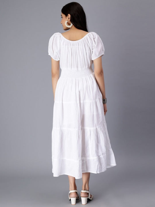 Self Design Puff Sleeves Pure Cotton Tie Up Smocked Schiffli & Tiered Midi Dress