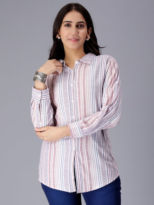 White Striped Long Sleeves Pure Cotton Casual Shirt
