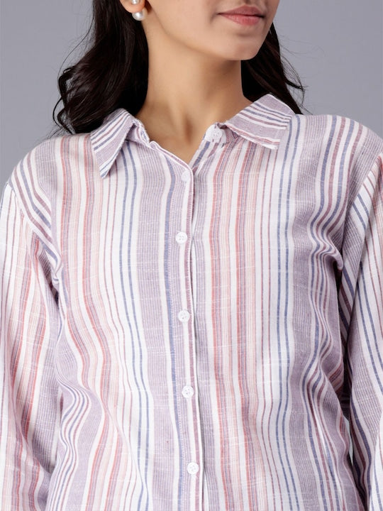 White Striped Long Sleeves Pure Cotton Casual Shirt