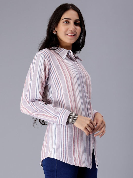 White Striped Long Sleeves Pure Cotton Casual Shirt