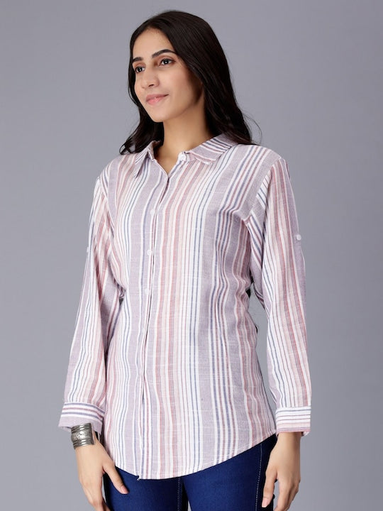 White Striped Long Sleeves Pure Cotton Casual Shirt