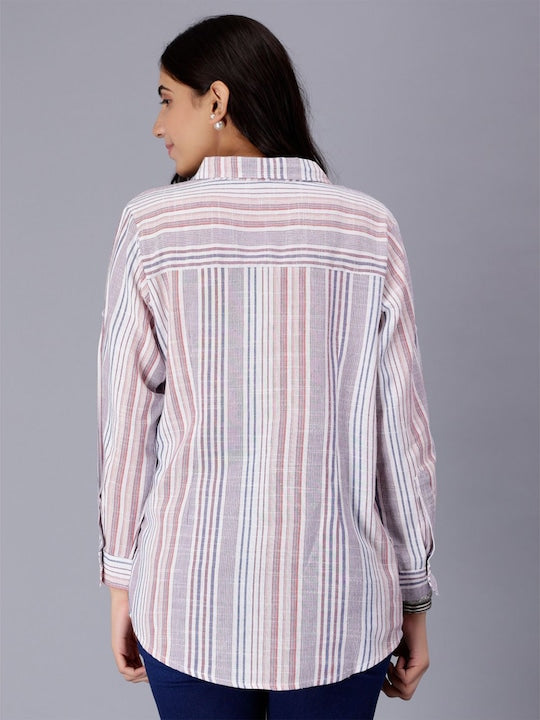 White Striped Long Sleeves Pure Cotton Casual Shirt