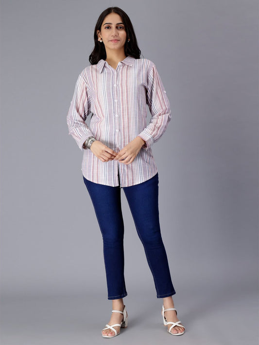 White Striped Long Sleeves Pure Cotton Casual Shirt