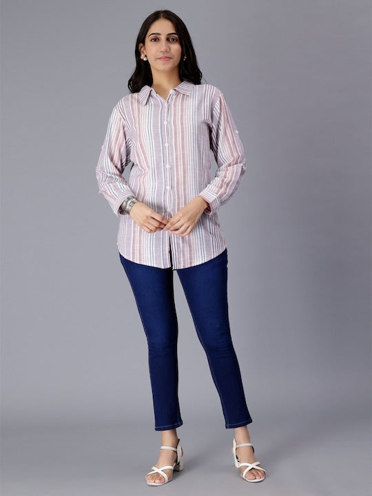 White Striped Long Sleeves Pure Cotton Casual Shirt