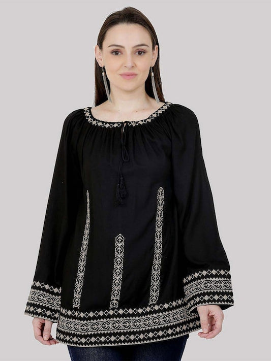 Women Black Embroidered  Tie-Up Neck Party Wear Top