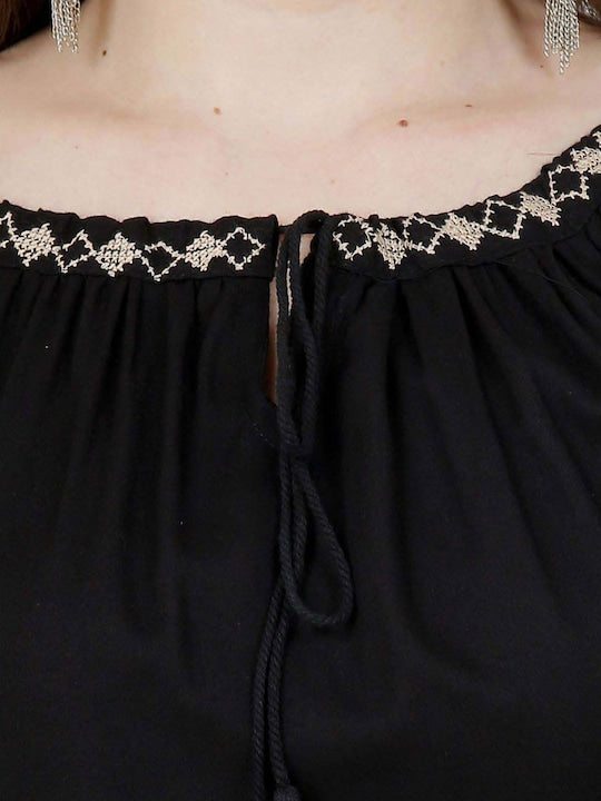 Women Black Embroidered  Tie-Up Neck Party Wear Top