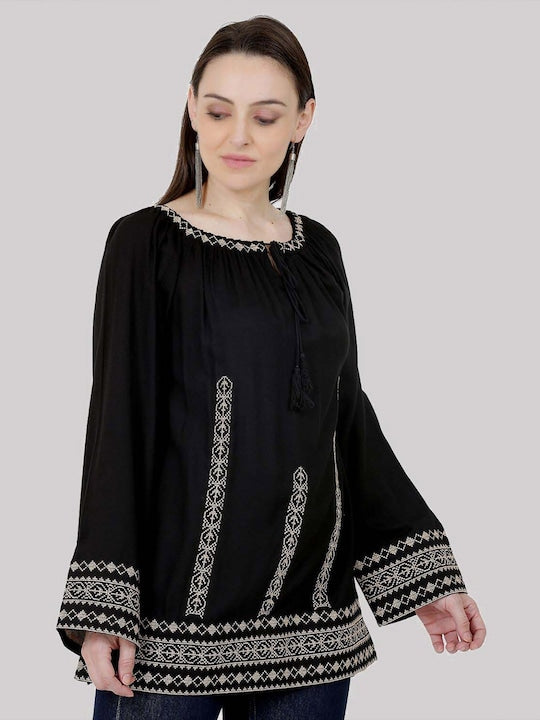 Women Black Embroidered  Tie-Up Neck Party Wear Top