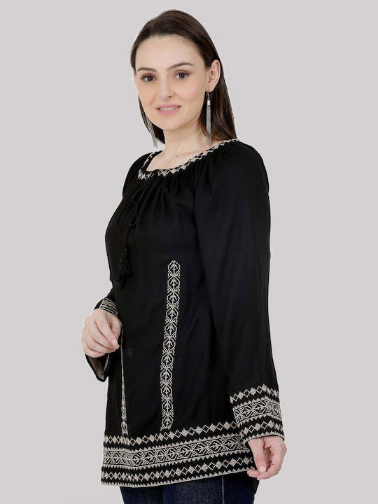 Women Black Embroidered  Tie-Up Neck Party Wear Top