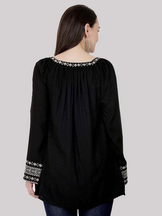Women Black Embroidered  Tie-Up Neck Party Wear Top
