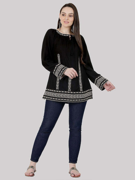 Women Black Embroidered  Tie-Up Neck Party Wear Top