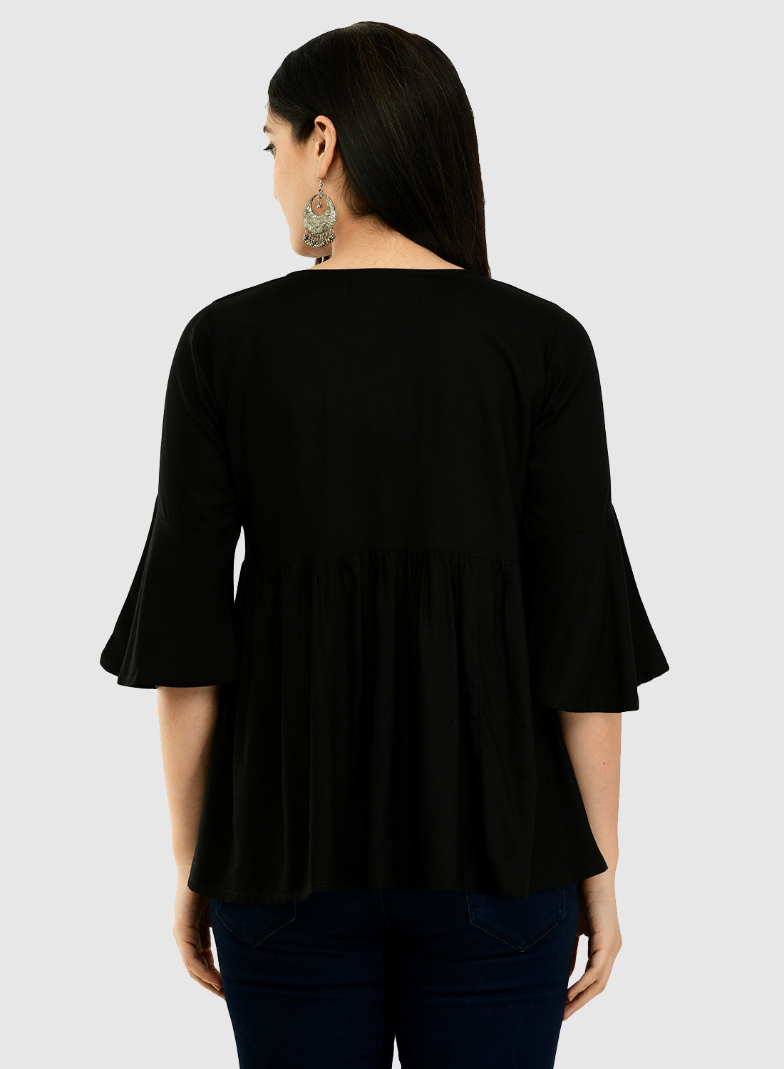 Women Black Top Casual Bell Sleeves Floral Print