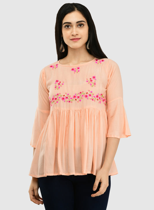 Women Peach Top Casual Bell Sleeves Floral Print