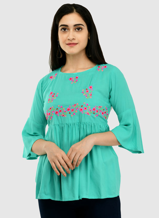 Women Teal Top Casual Bell Sleeves Floral Print
