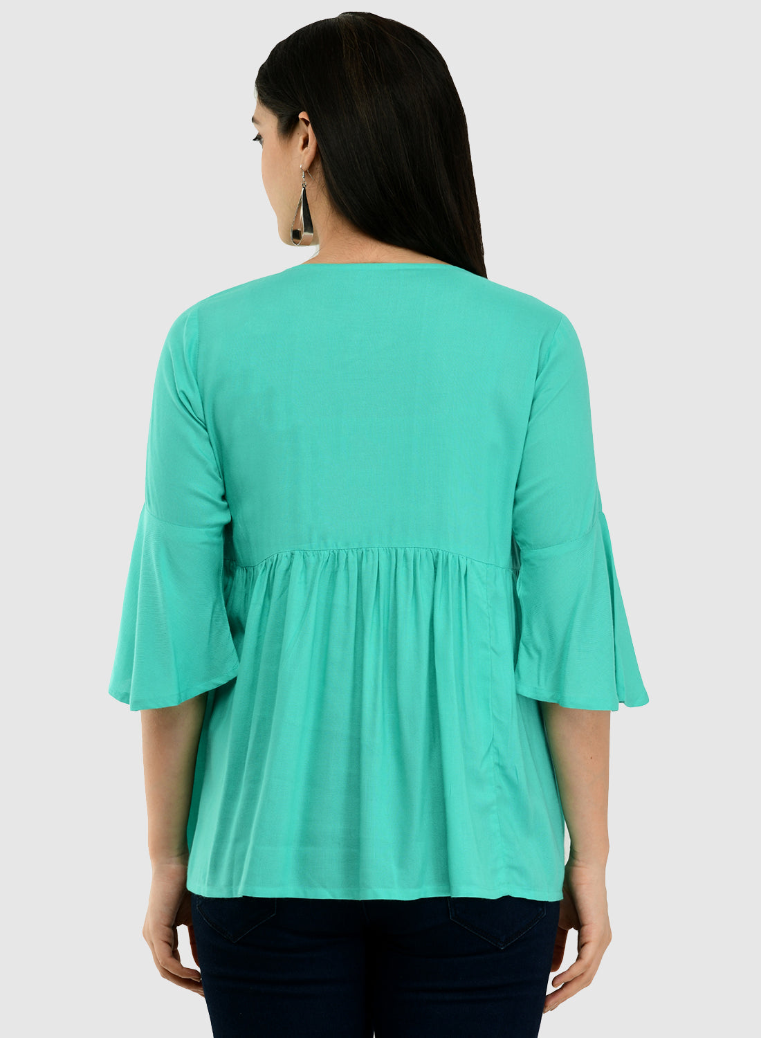 Women Teal Top Casual Bell Sleeves Floral Print