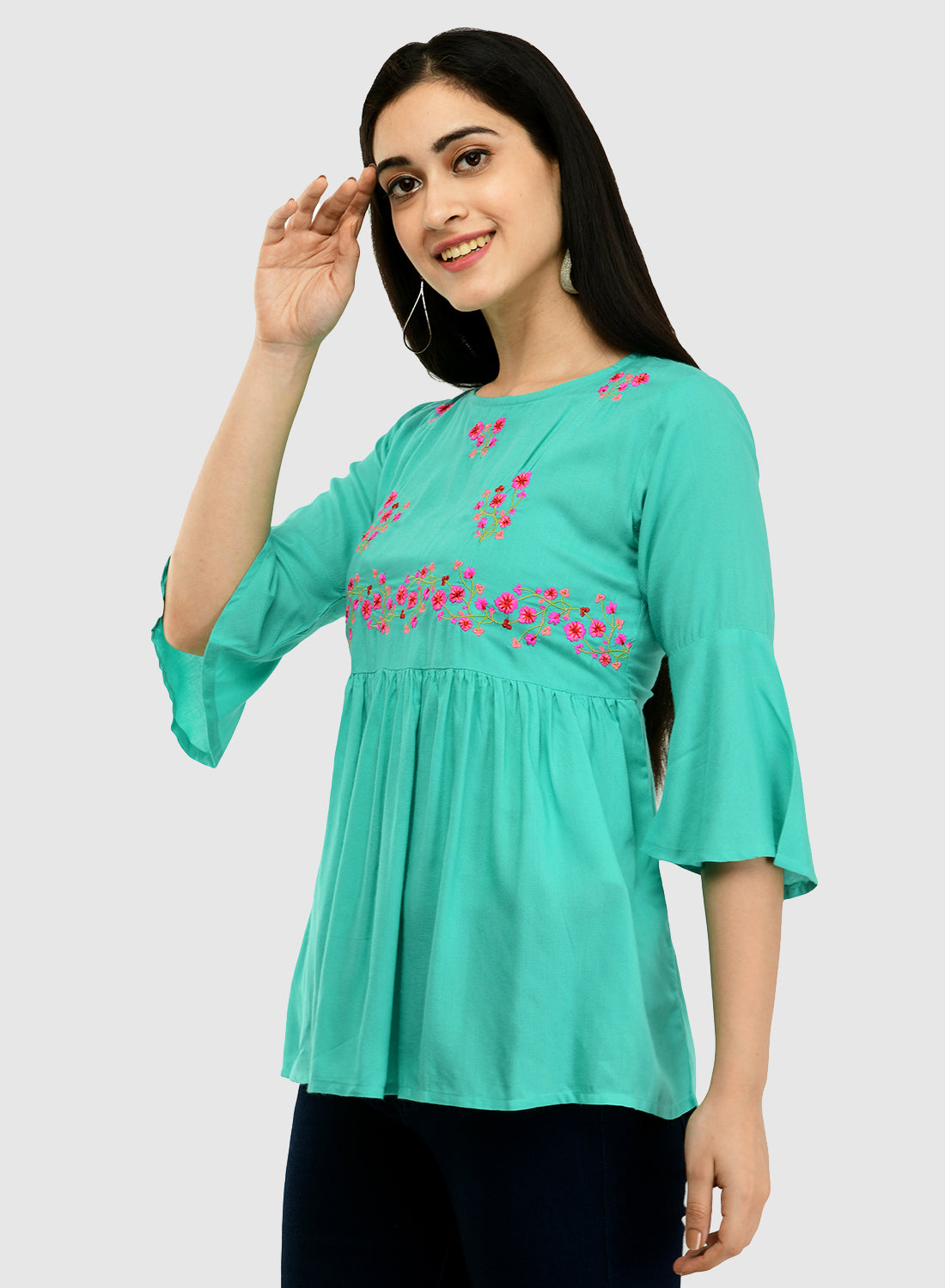 Women Teal Top Casual Bell Sleeves Floral Print