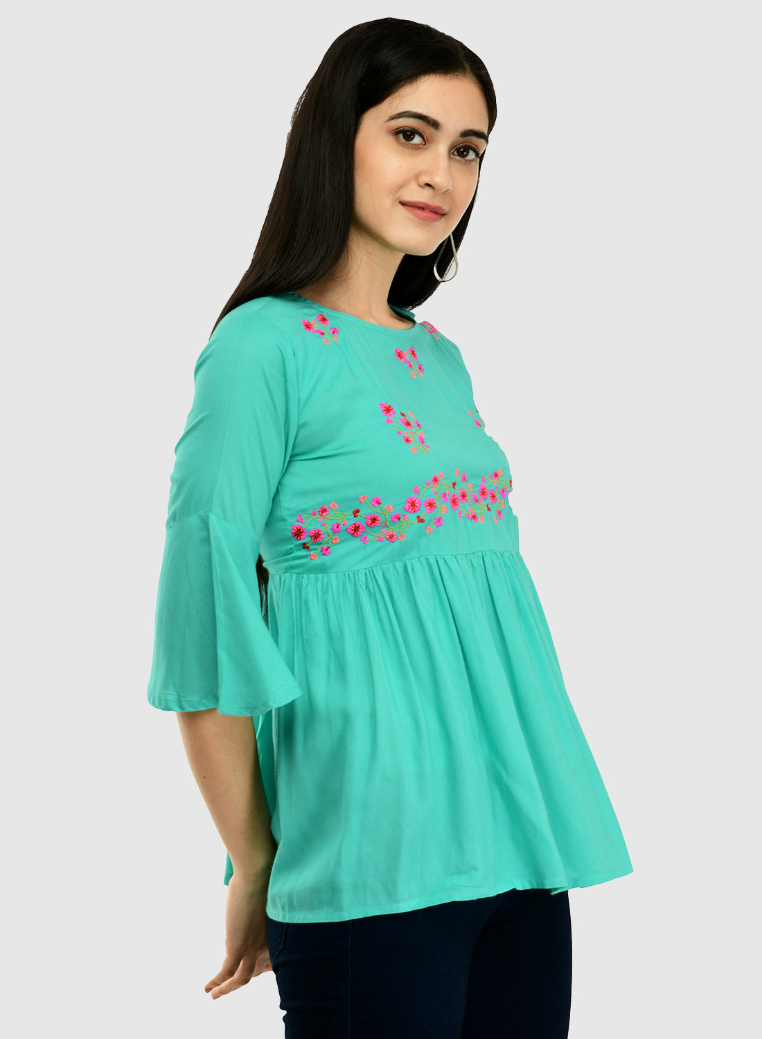 Women Teal Top Casual Bell Sleeves Floral Print