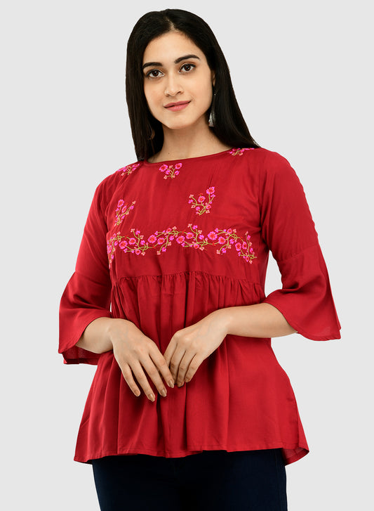 Women Maroon Top Casual Bell Sleeves Floral Print
