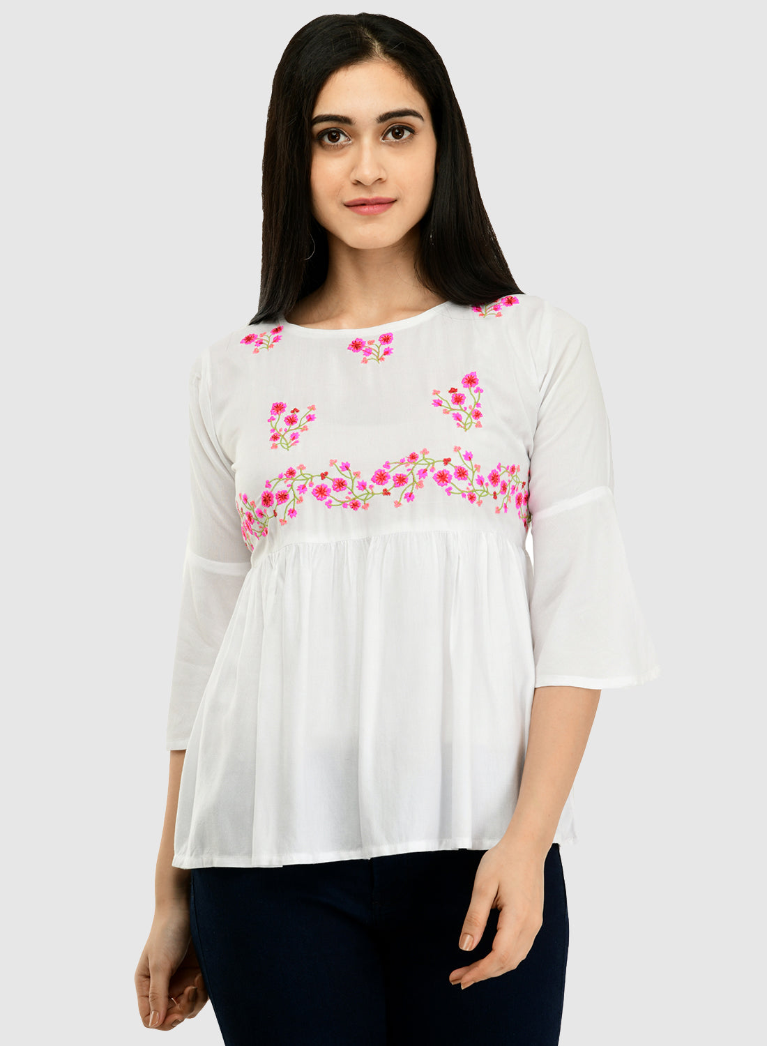 Women White Top Casual Bell Sleeves Floral Print