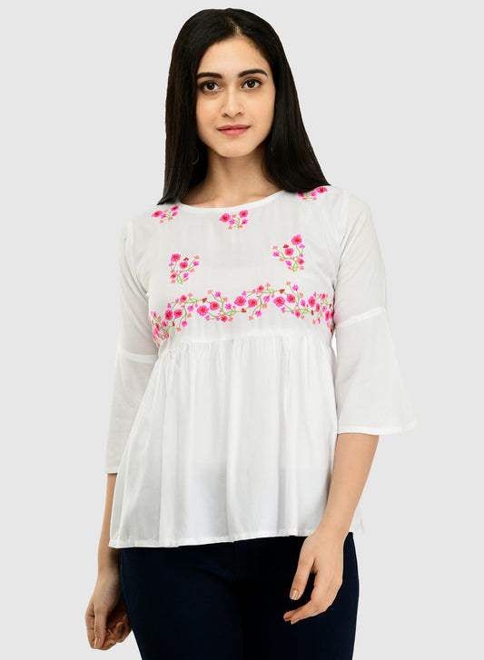 Women White Top Casual Bell Sleeves Floral Print