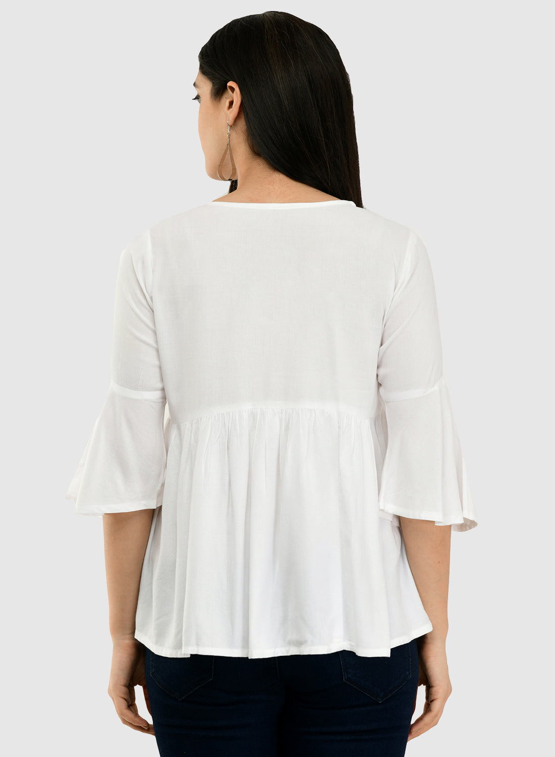 Women White Top Casual Bell Sleeves Floral Print