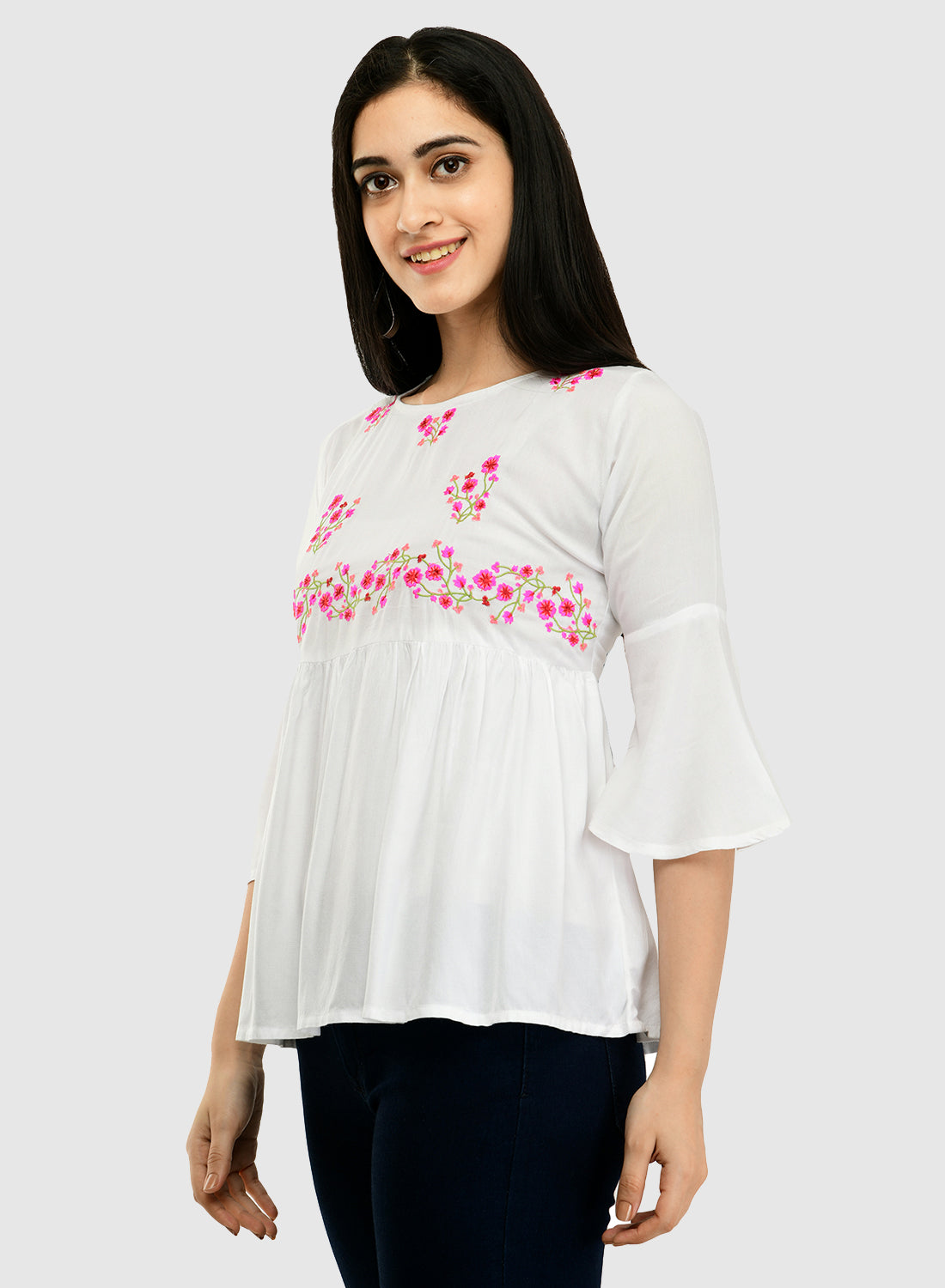 Women White Top Casual Bell Sleeves Floral Print