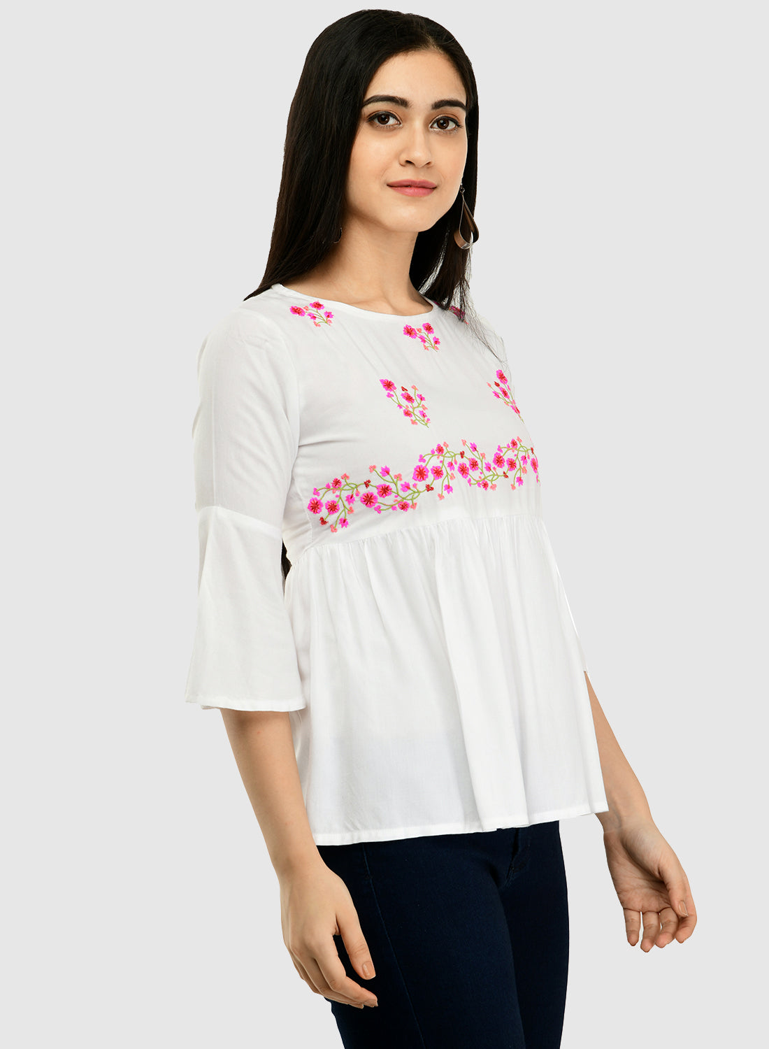 Women White Top Casual Bell Sleeves Floral Print