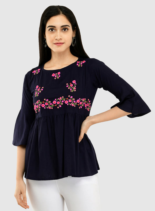 Women Navy Top Casual Bell Sleeves Floral Print
