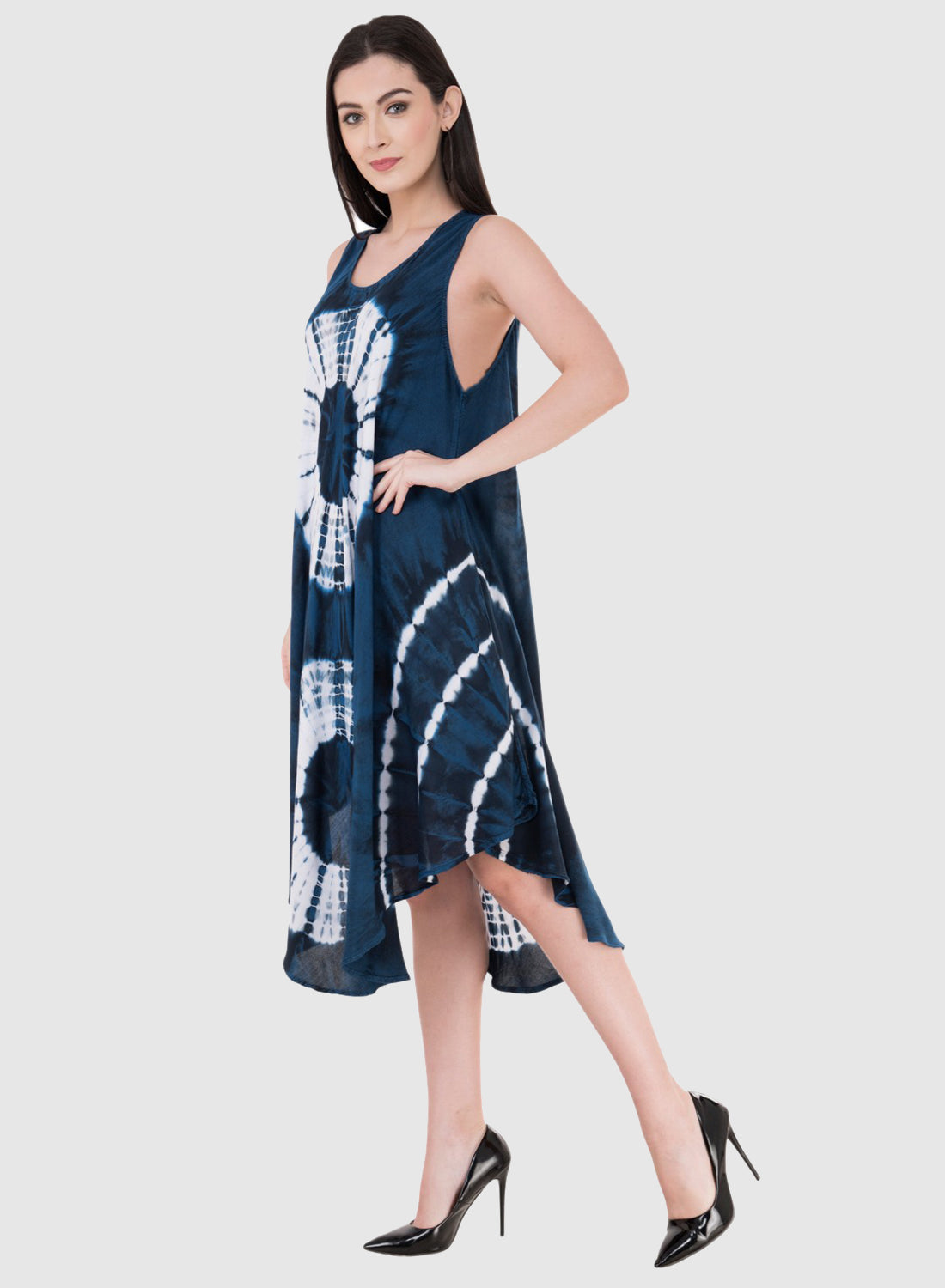 Women Dress Blue Aline Rayon Sleeveless Ombre Dye Asymmetric