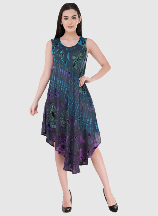 Women Dress Purple Aline Rayon Sleeveless Ombre Dye Asymmetric