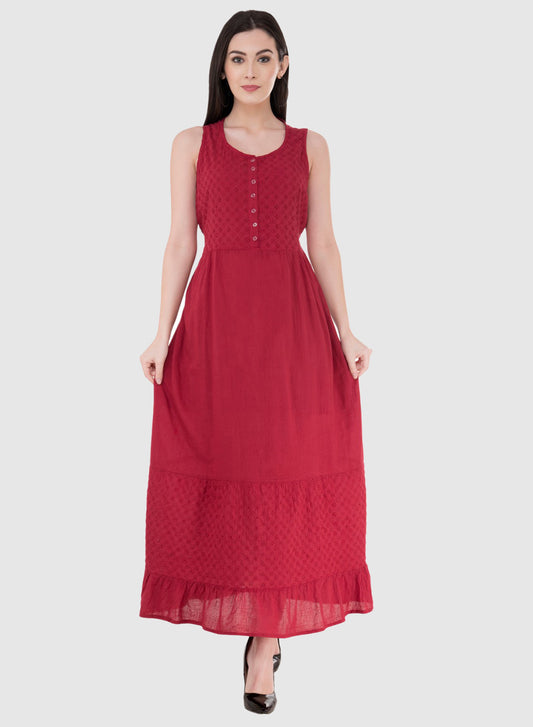Women Dress Maroon Maxi Cotton Sleeveless