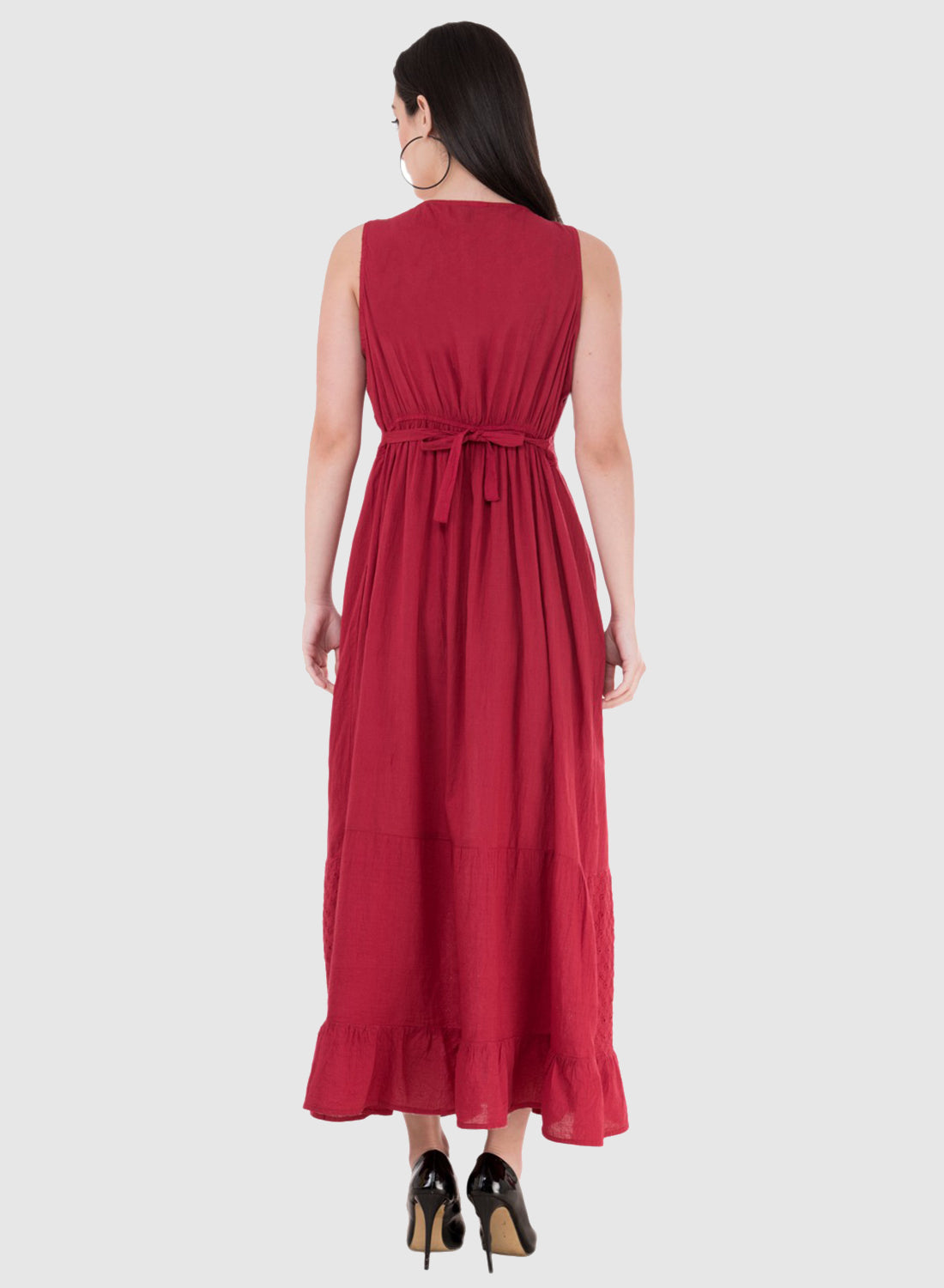 Women Dress Maroon Maxi Cotton Sleeveless