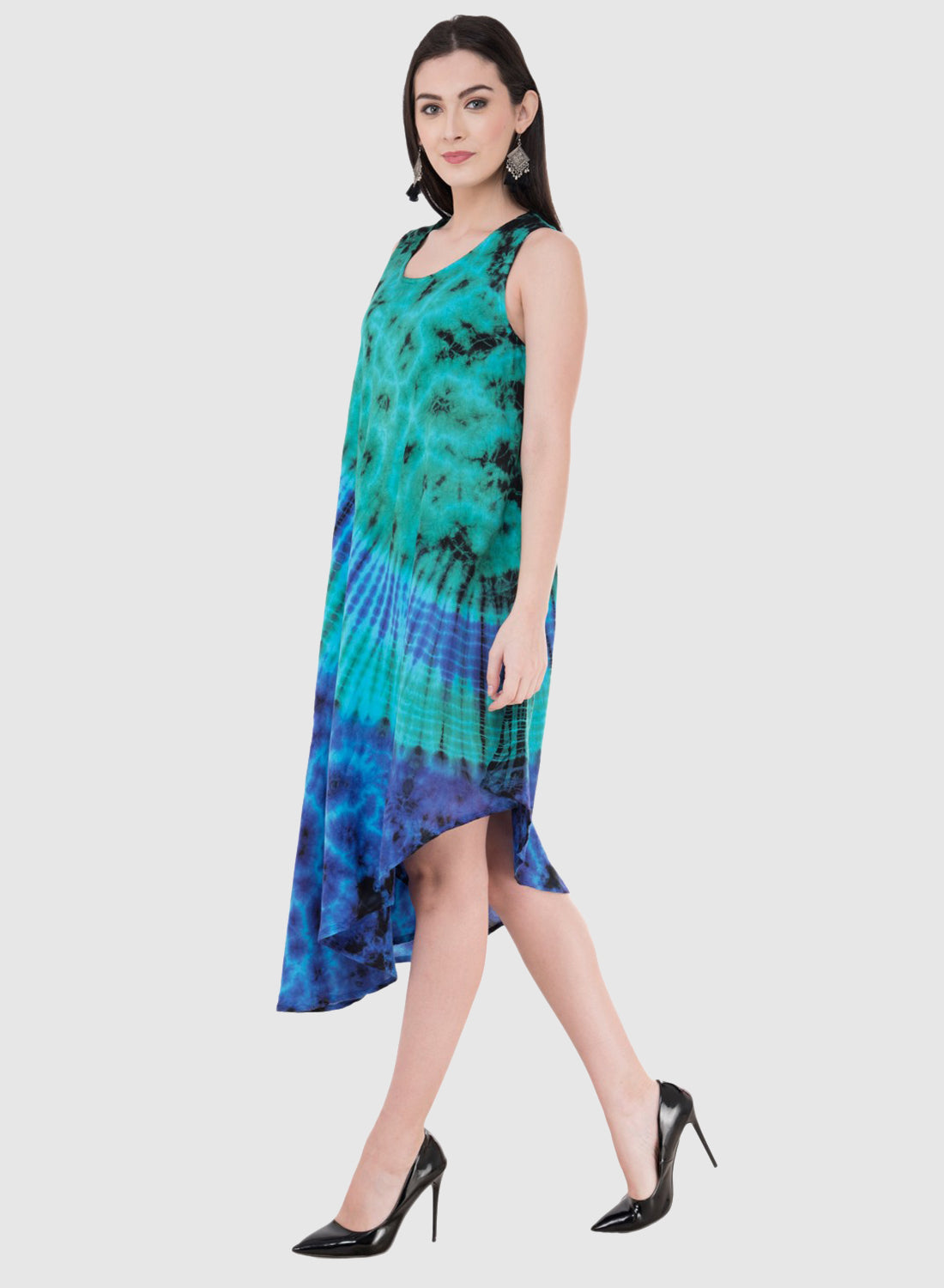 Women Dress Firozi Light Blue Rayon Sleeveless Ombre Dye Asymmetric