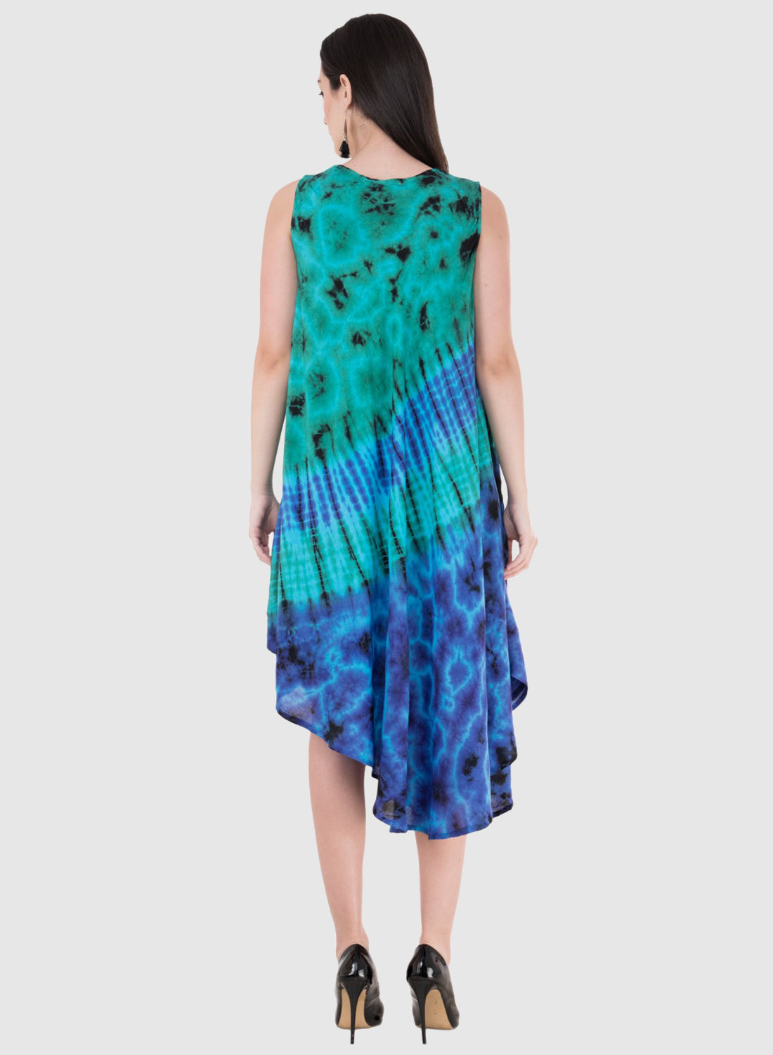 Women Dress Firozi Light Blue Rayon Sleeveless Ombre Dye Asymmetric