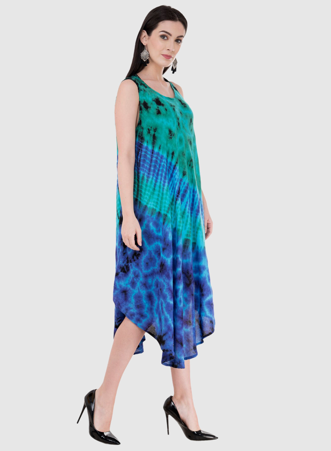 Women Dress Firozi Light Blue Rayon Sleeveless Ombre Dye Asymmetric