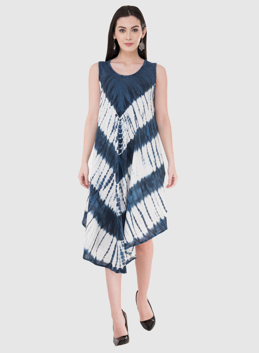 Women Dress White Blue Navy Rayon Sleeveless Ombre Dye Asymmetric