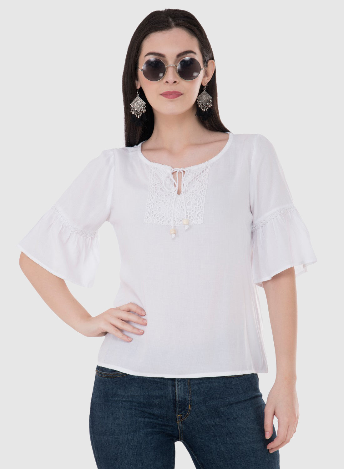 Women Top White Rayon Casual Bell Sleeve Solid