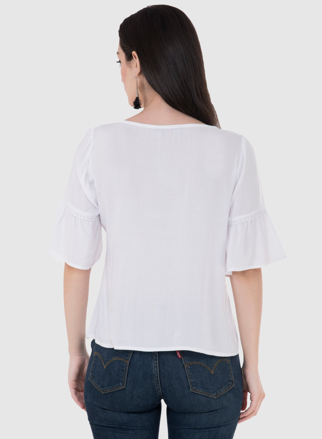 Women Top White Rayon Casual Bell Sleeve Solid