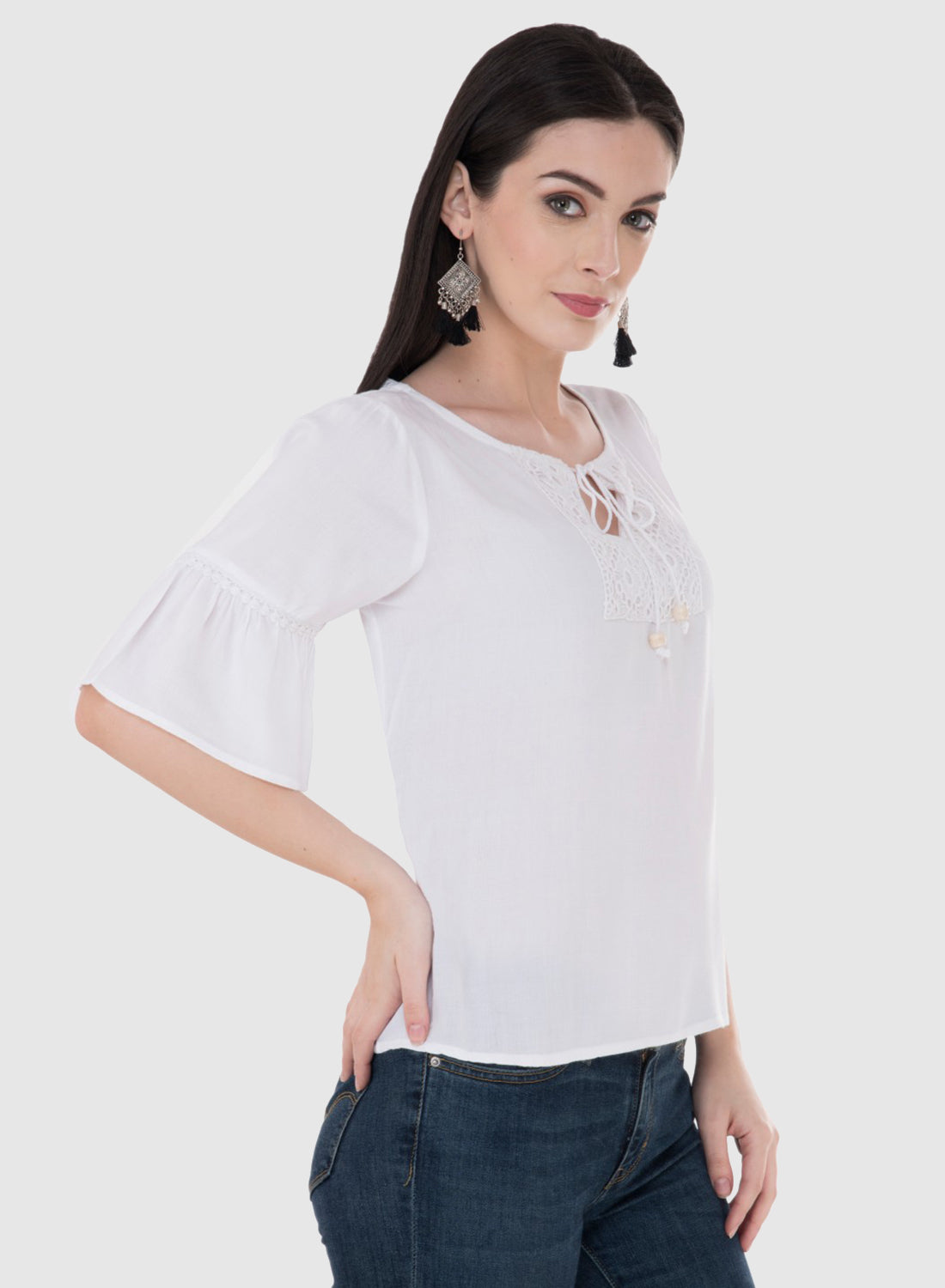 Women Top White Rayon Casual Bell Sleeve Solid