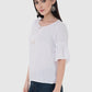 Women Top White Rayon Casual Bell Sleeve Solid