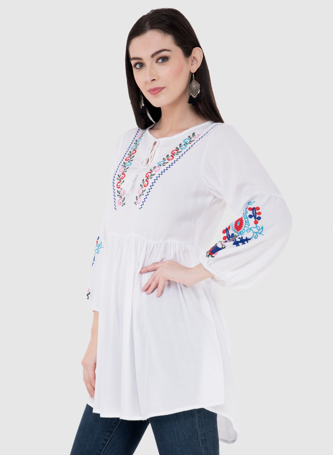 Women Top White Rayon Tunic Casual Puff Sleeve