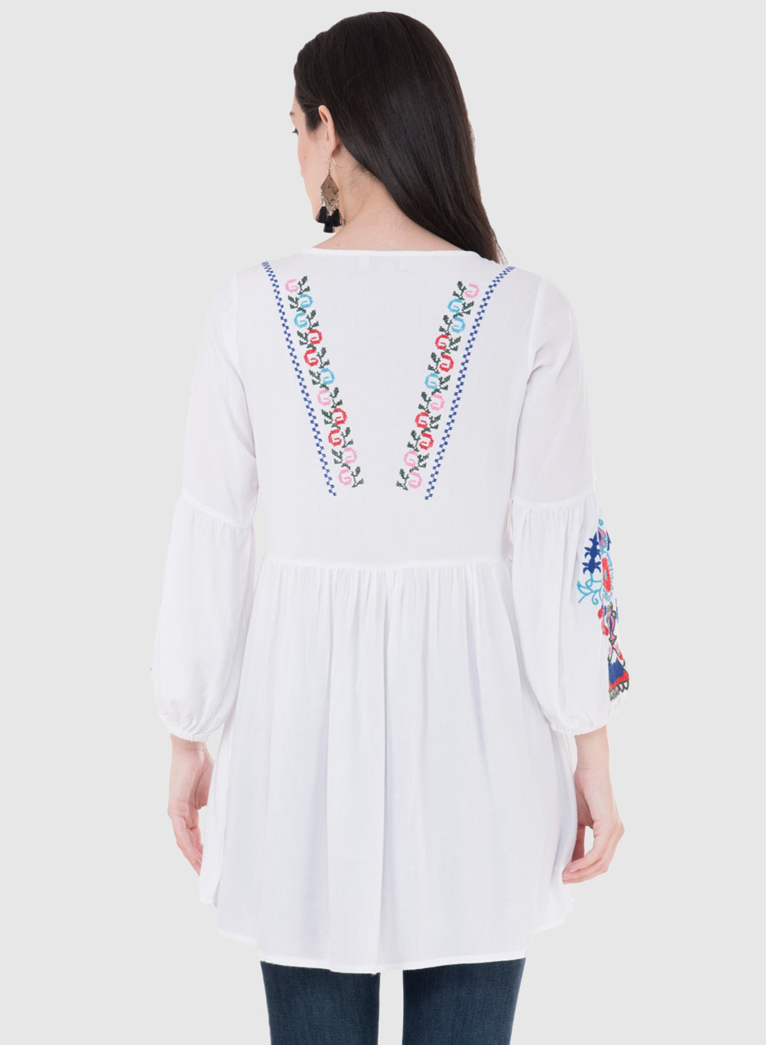 Women Top White Rayon Tunic Casual Puff Sleeve
