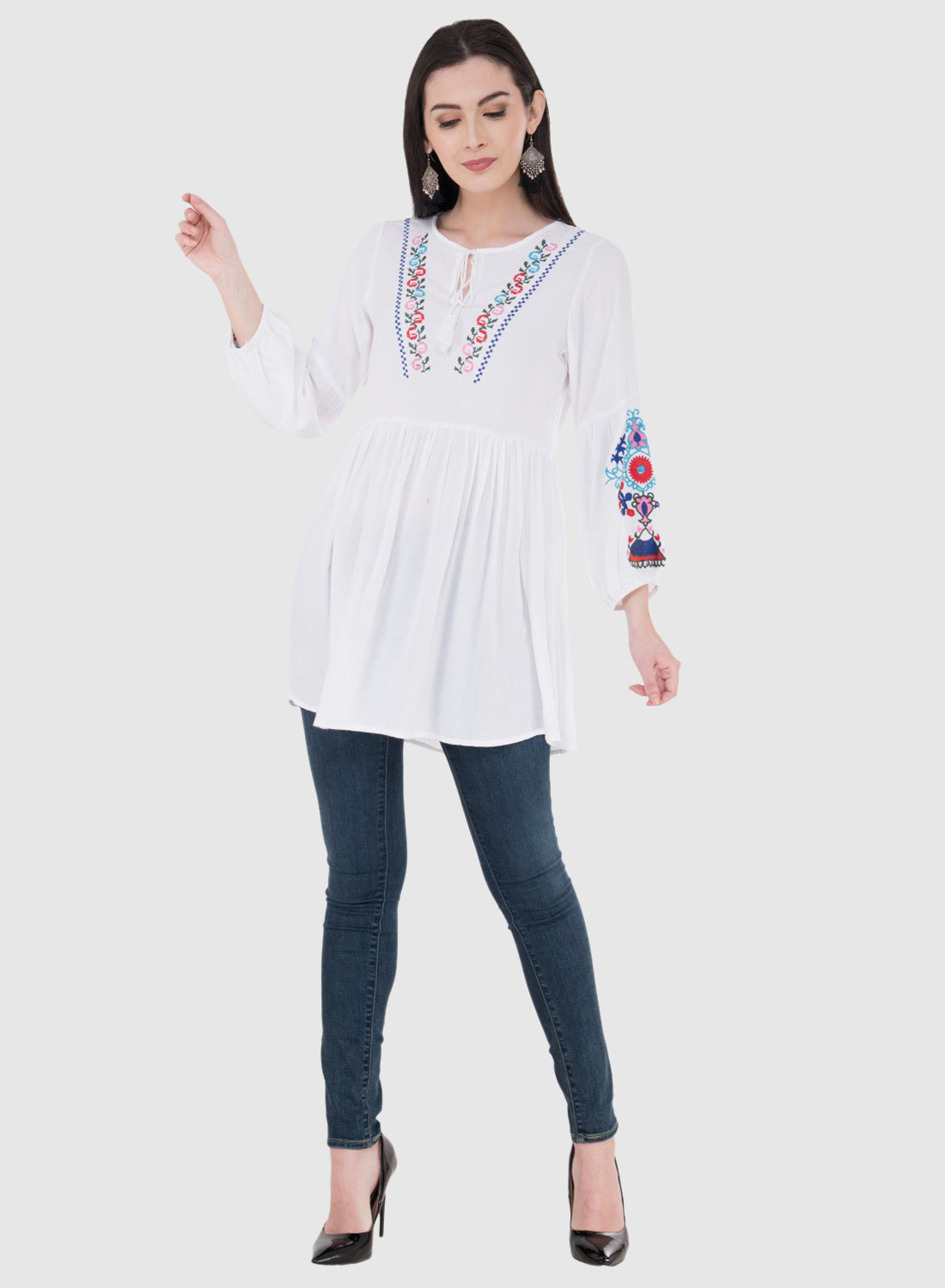 Women Top White Rayon Tunic Casual Puff Sleeve